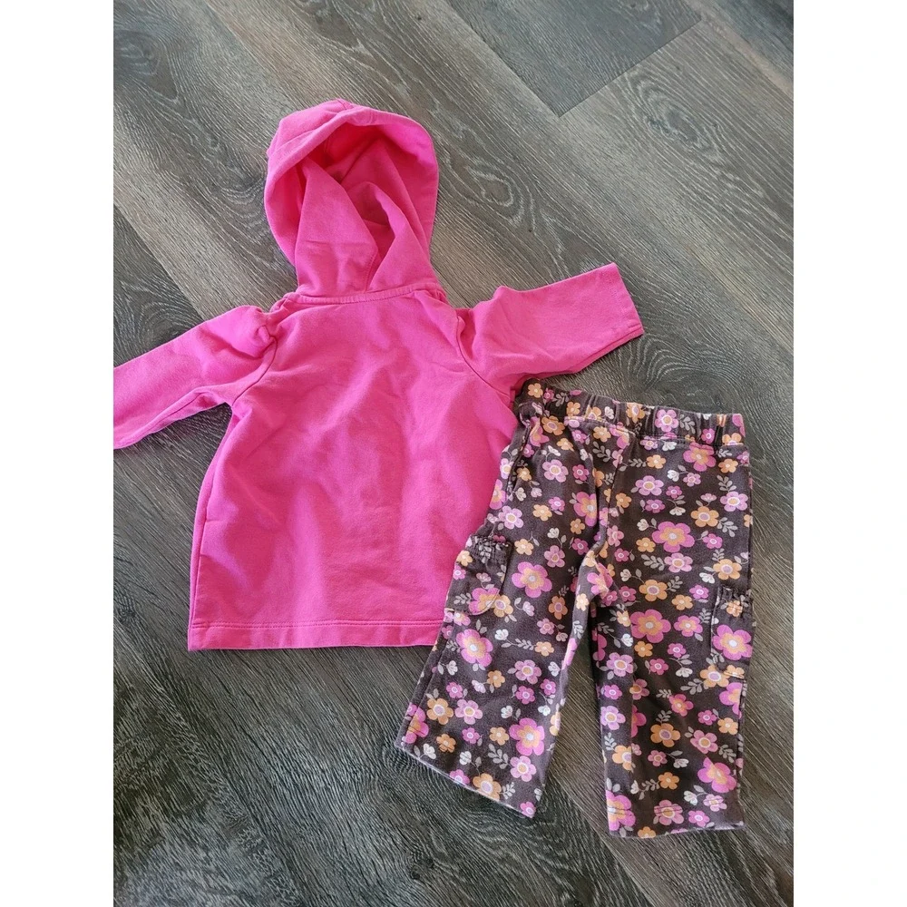 Carters Baby Girl 3 Months Pink Hooded Snap Cardigan Floral Cargo Pants Set #8